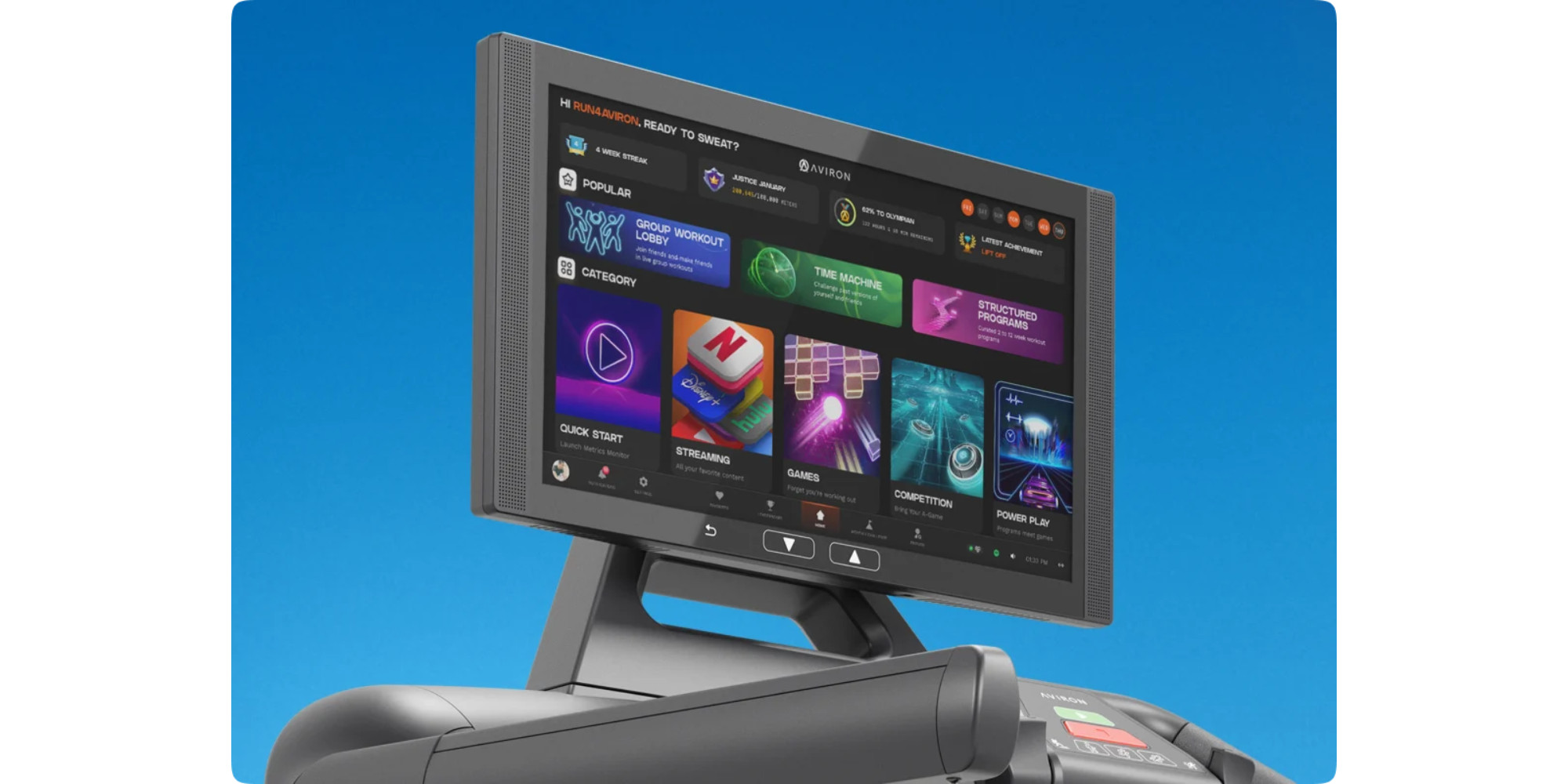 Benutzeroberfläche des Aviron Victory Touchscreens mit Spielmodus