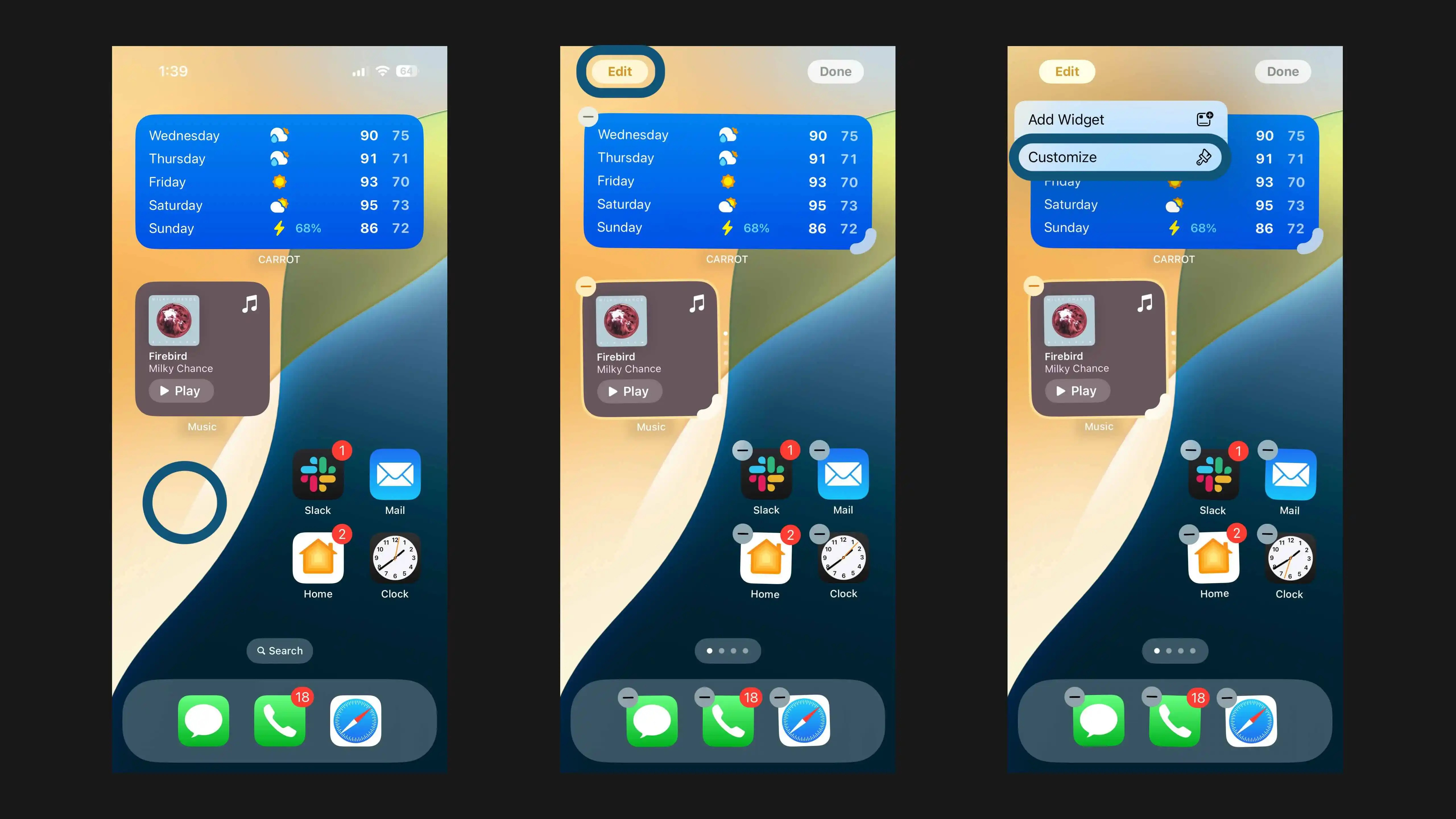 Bearbeitungsmenü auf dem iPhone Homescreen in iOS 18
