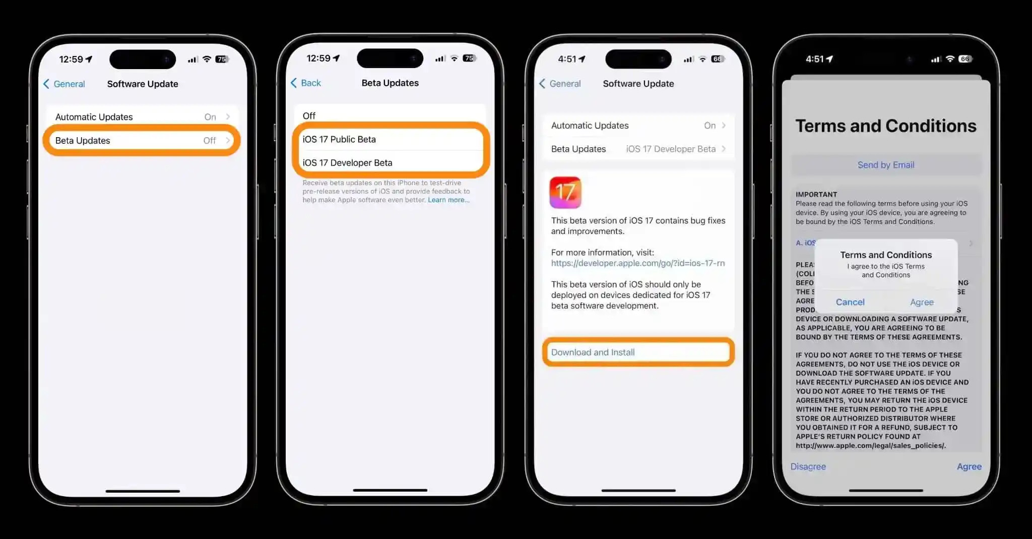 Schritt-für-Schritt-Menüführung in den iPhone-Einstellungen zur Aktivierung von Beta-Updates
