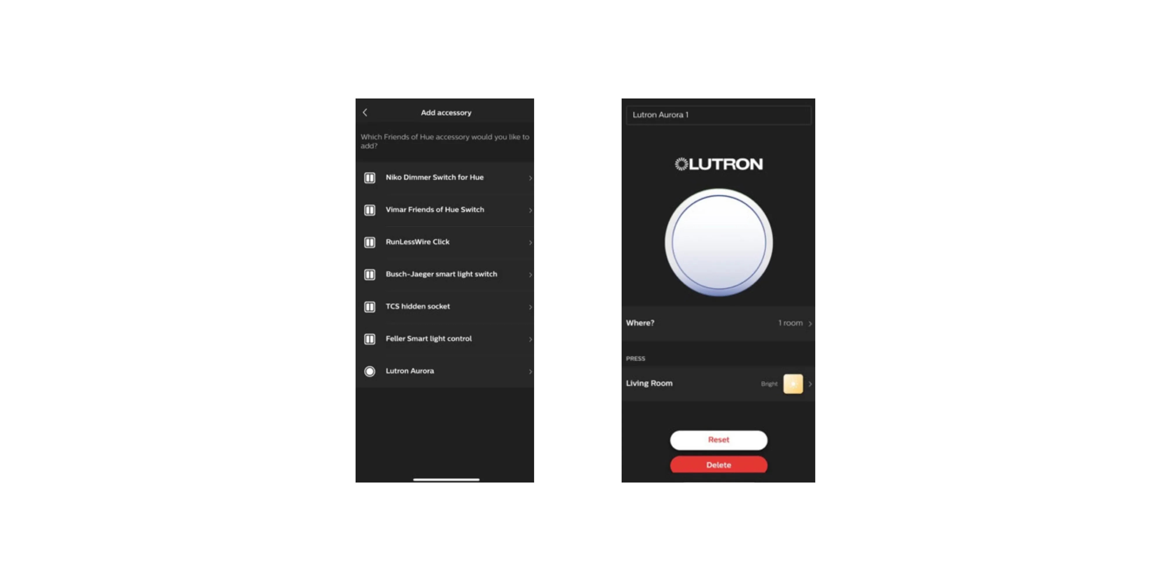 Benutzeroberfläche der Philips Hue App zur Einrichtung des Lutron Aurora