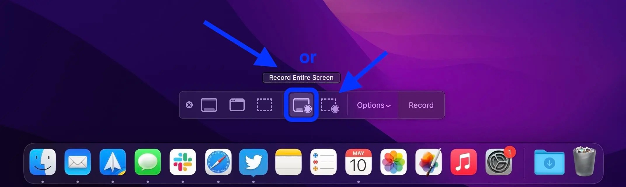 Die Optionen-Menüleiste der Mac Bildschirmaufnahme mit Einstellungen für Timer und Speicherort