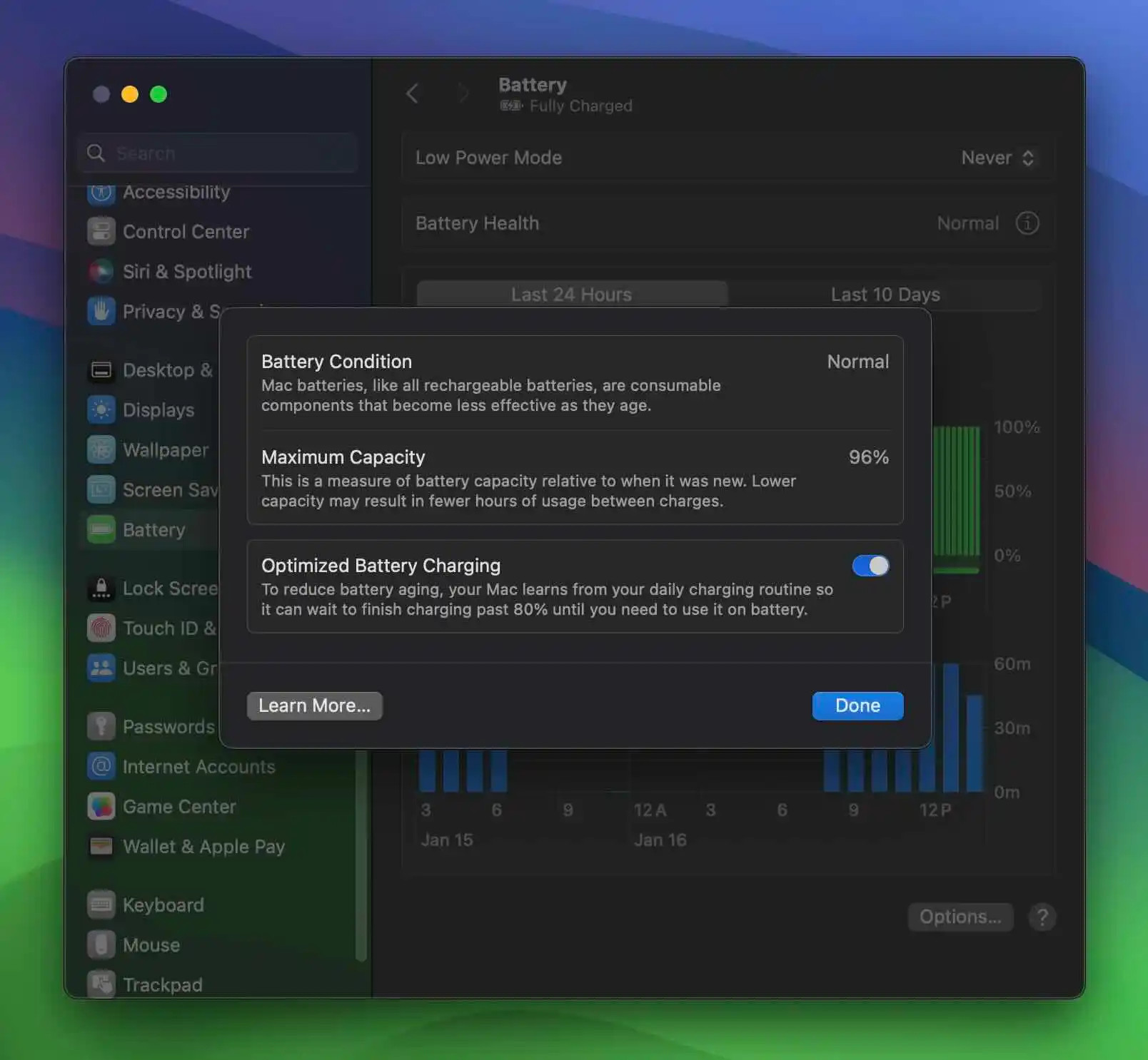 Warnhinweise und Kapazitätsanzeige im Pop-up-Fenster der Batterieinformationen