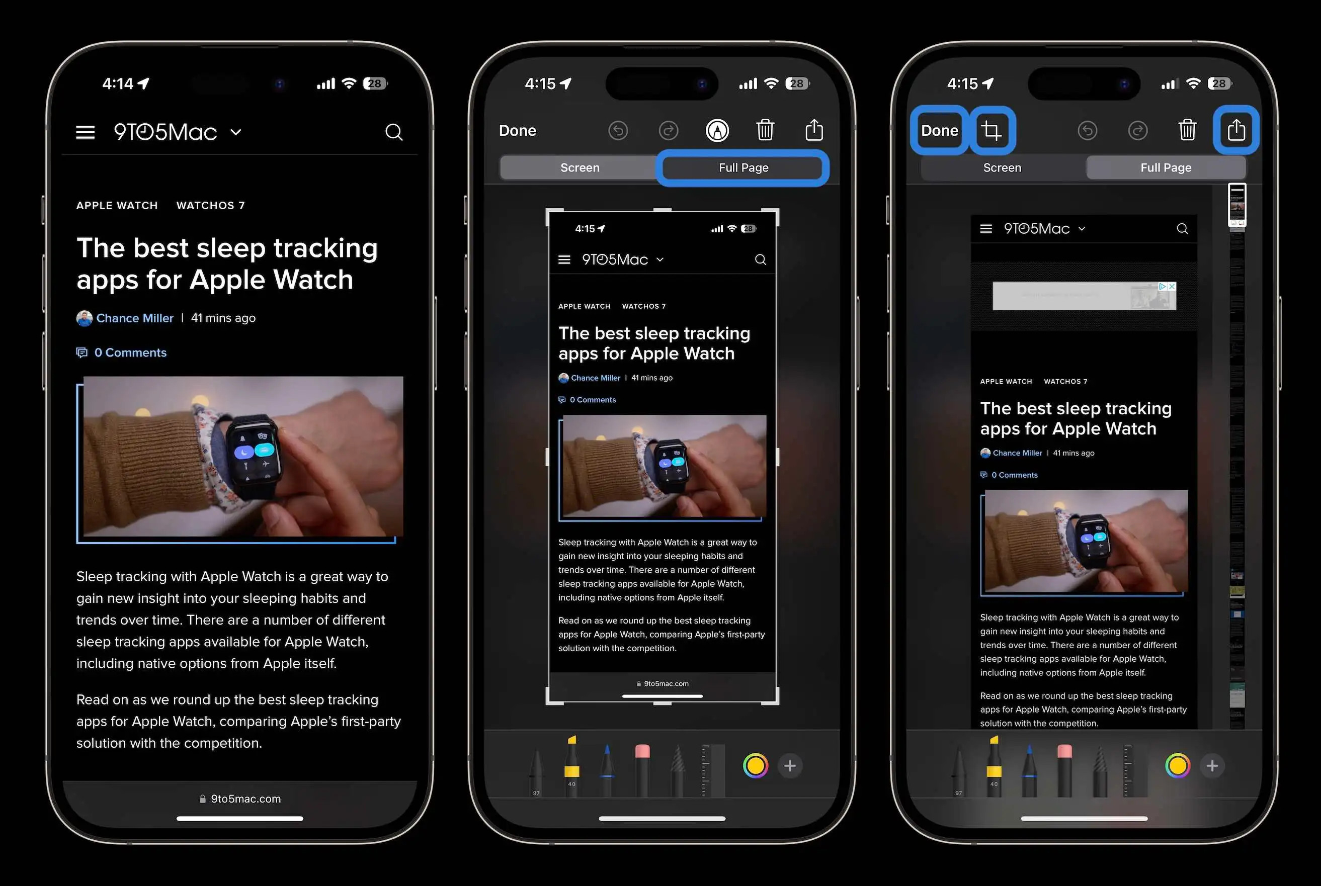 Benutzeroberfläche zur Bearbeitung eines ganzseitigen Screenshots auf dem iPhone