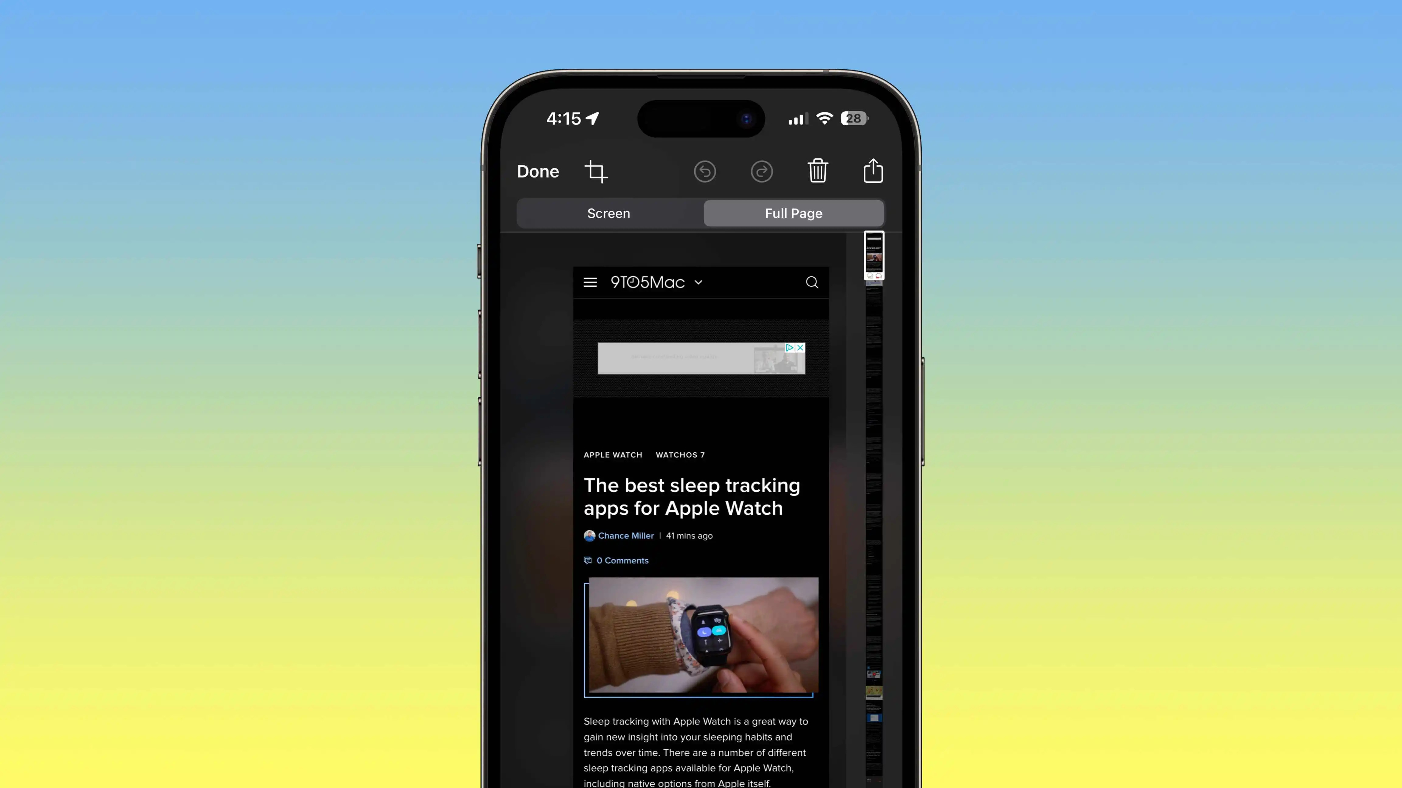 iPhone zeigt die Benutzeroberfläche für scrollende Screenshots mit der Option Ganze Seite
