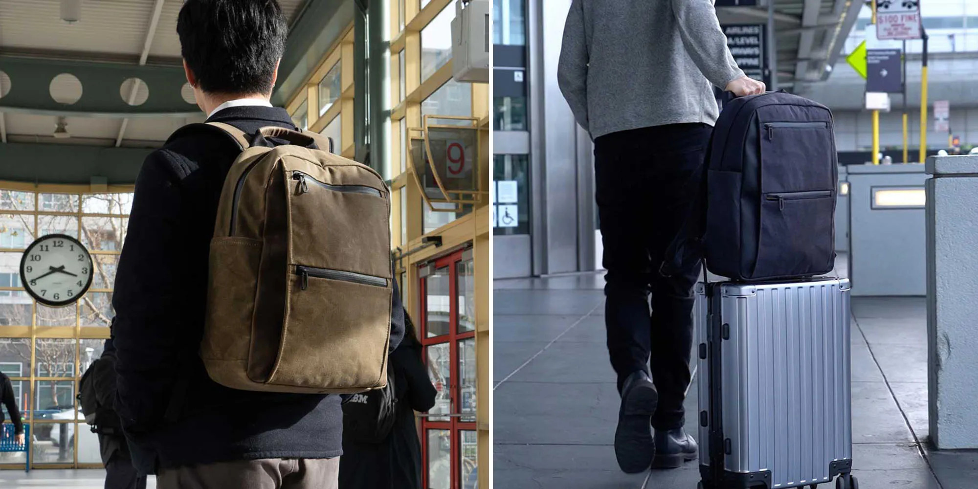 Waterfield Shinjuku Rucksack im Vergleich: Links als Rucksack, rechts auf einem Rollkoffer montiert